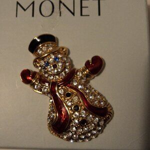 New Monet Snowman Pin Brooch Enamel Rhinestones Red Black Clear Boxed